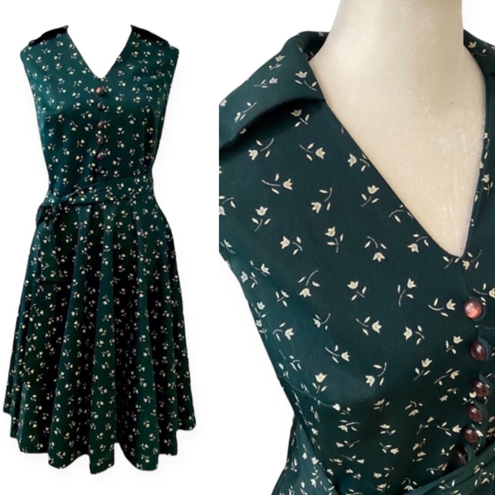 Vintage 60s / 70s Pinup Green Floral Button Dress - size women's 16 - medium
